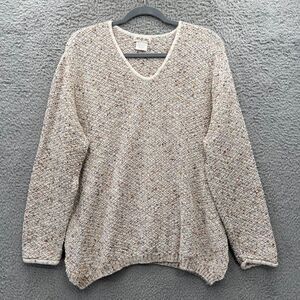Vintage 90s Cream Speckled Knit V-Neck Sweater‎ Cotton Blend M Indie Cottagecore